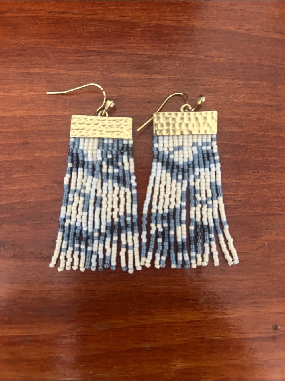 Spartina 449 Blue Tides Gold-Tone Blue and Cream Beaded Fringe Earrings
